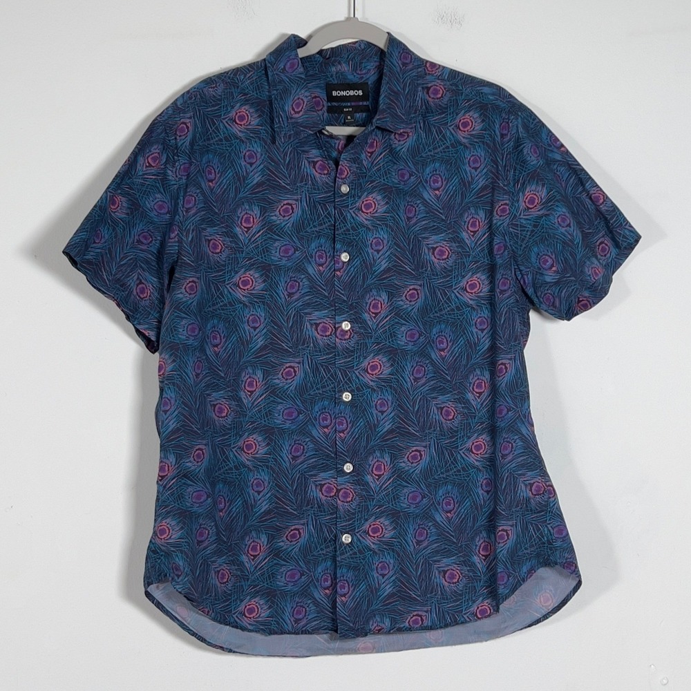 Bonobos Short Sleeve Shirt Mens Sz XL Blue Peacock Feather Print Slim Fit